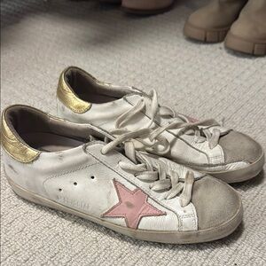 Golden Goose White and Pink Distressed Sneakers